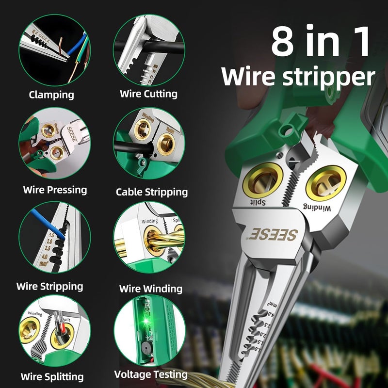 SEESE 8-in-1 Wire Stripper Pliers: Compact Portable Multi-Function Electrician Tool - Wire Stripping/Wire Cutting/Wire Crimping for Circuit Repair, Outlet Installation & Professional Use - Image 4